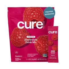 Cure Hydration paquete frontal mostrando 14 sobres y beneficio hidratación rápida