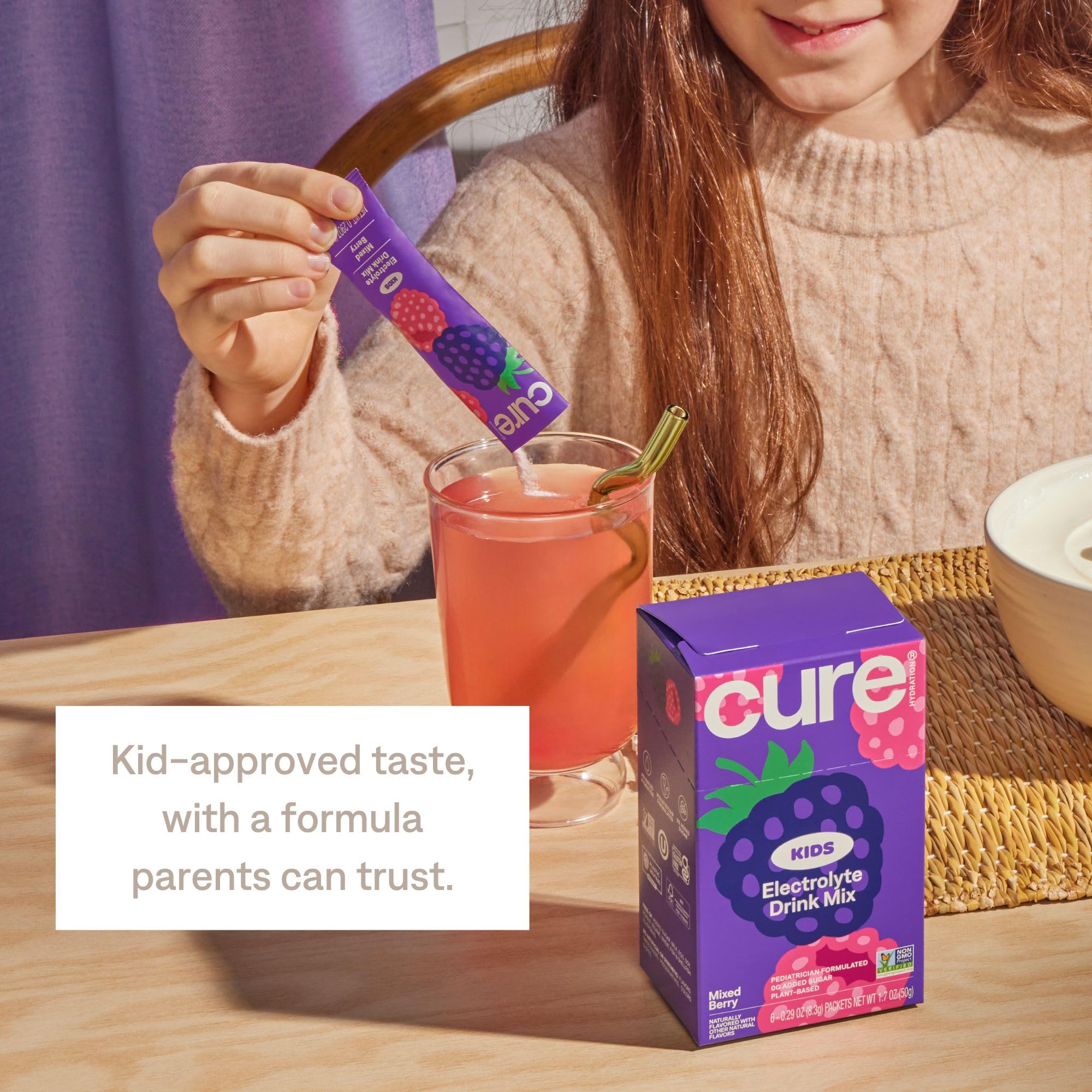 Cure Hydration etiqueta con certificaciones Non-GMO y sin gluten, confianza