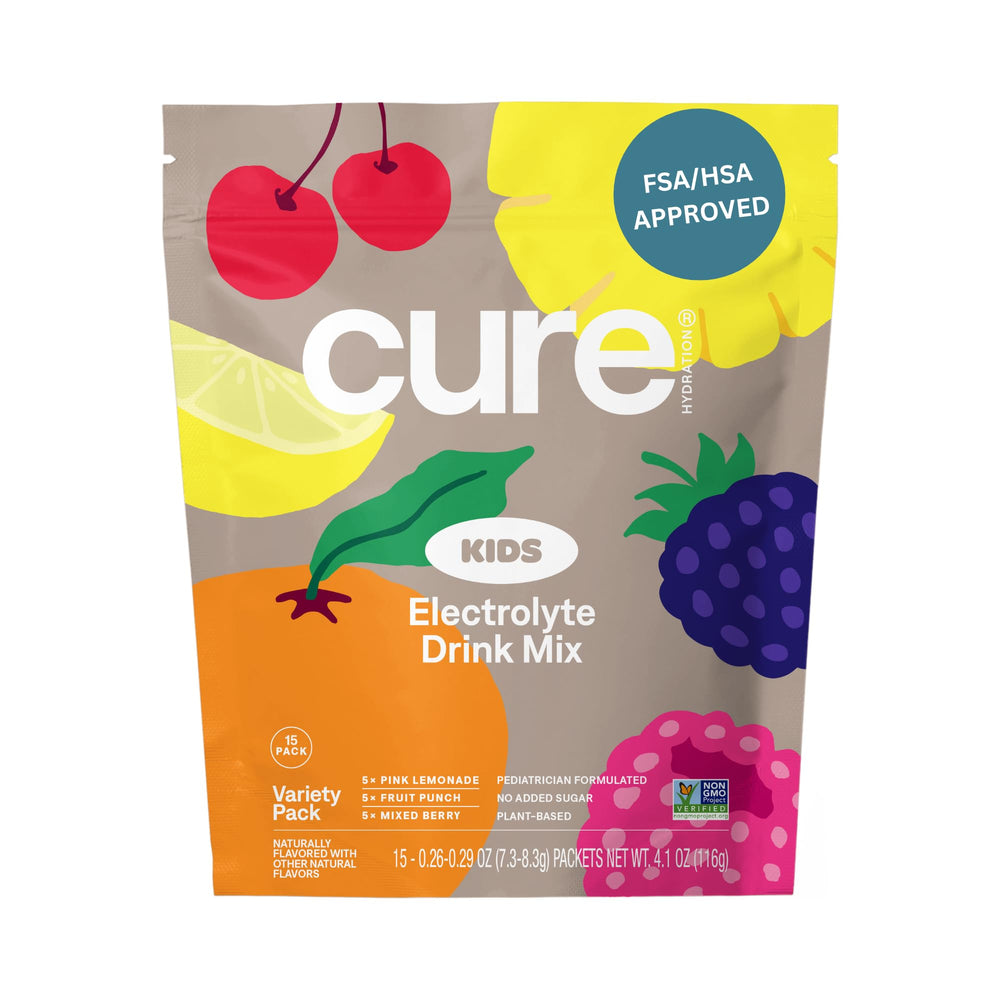 Cure Hydration frente del empaque mostrando 15 sobres y beneficio práctico