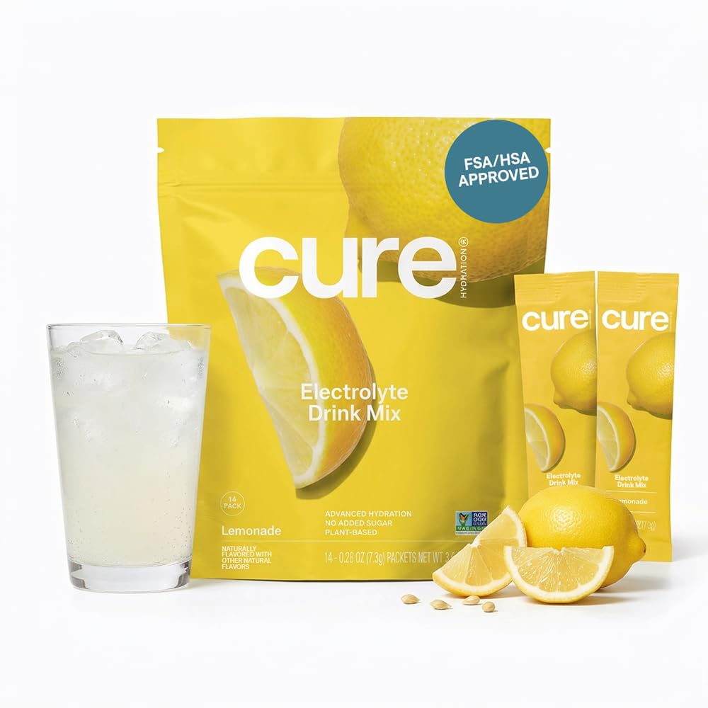 Cure Hydration frente del empaque mostrando 14 sobres y beneficios