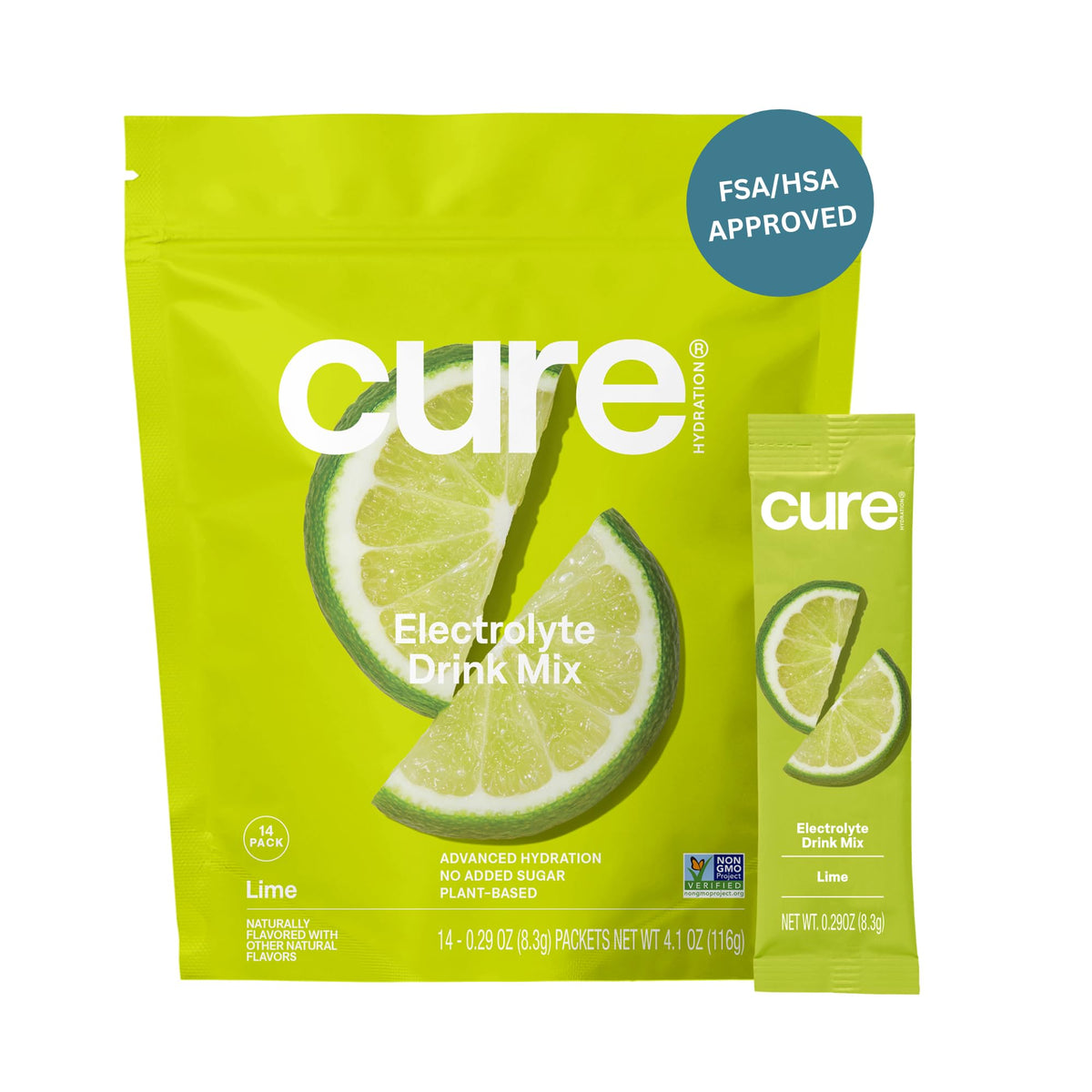 Cure Hydration empaque frontal mostrando 14 sobres y beneficios