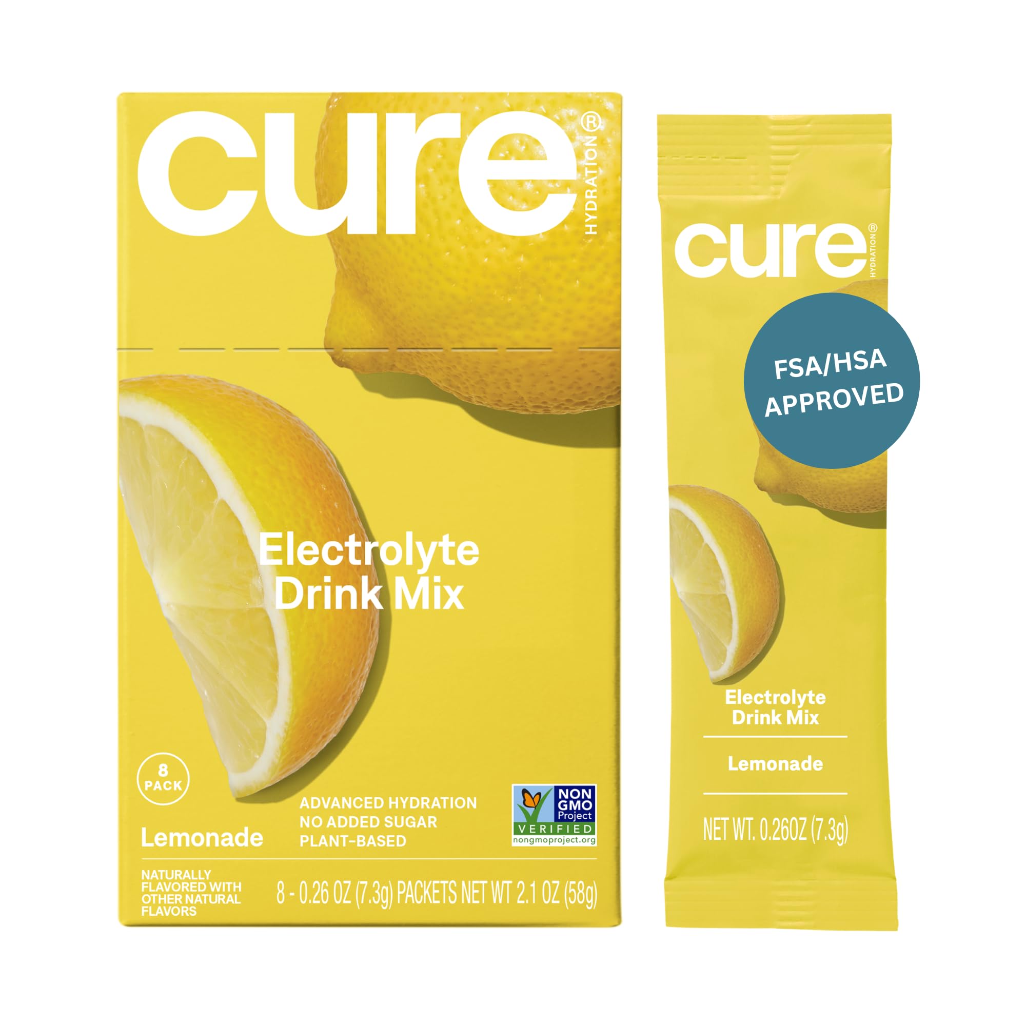Cure Hydration frente del empaque mostrando 8 sobres, práctico para rehidratación rápida