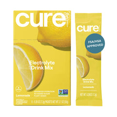 Cure Hydration frente del empaque mostrando 8 sobres, práctico para rehidratación rápida