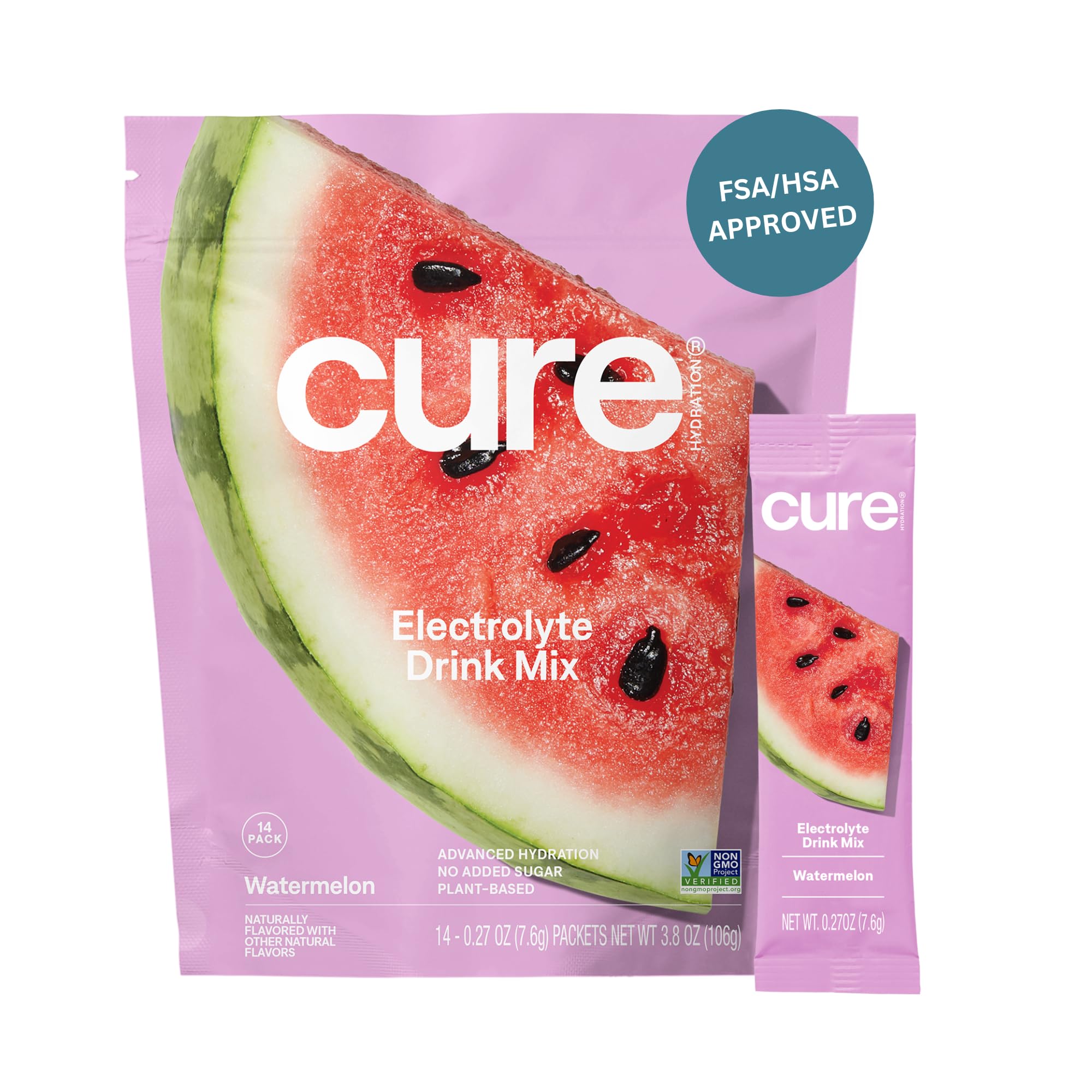 Cure Hydration envase frontal mostrando 14 sobres y sabor sandía beneficios hidratación rápida