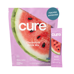 Cure Hydration envase frontal mostrando 14 sobres y sabor sandía beneficios hidratación rápida