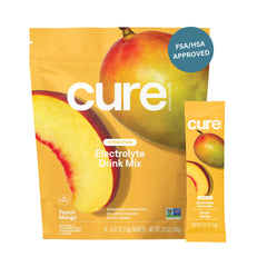Cure Hydration envase frontal mostrando 14 sobres y beneficios de hidratación rápida