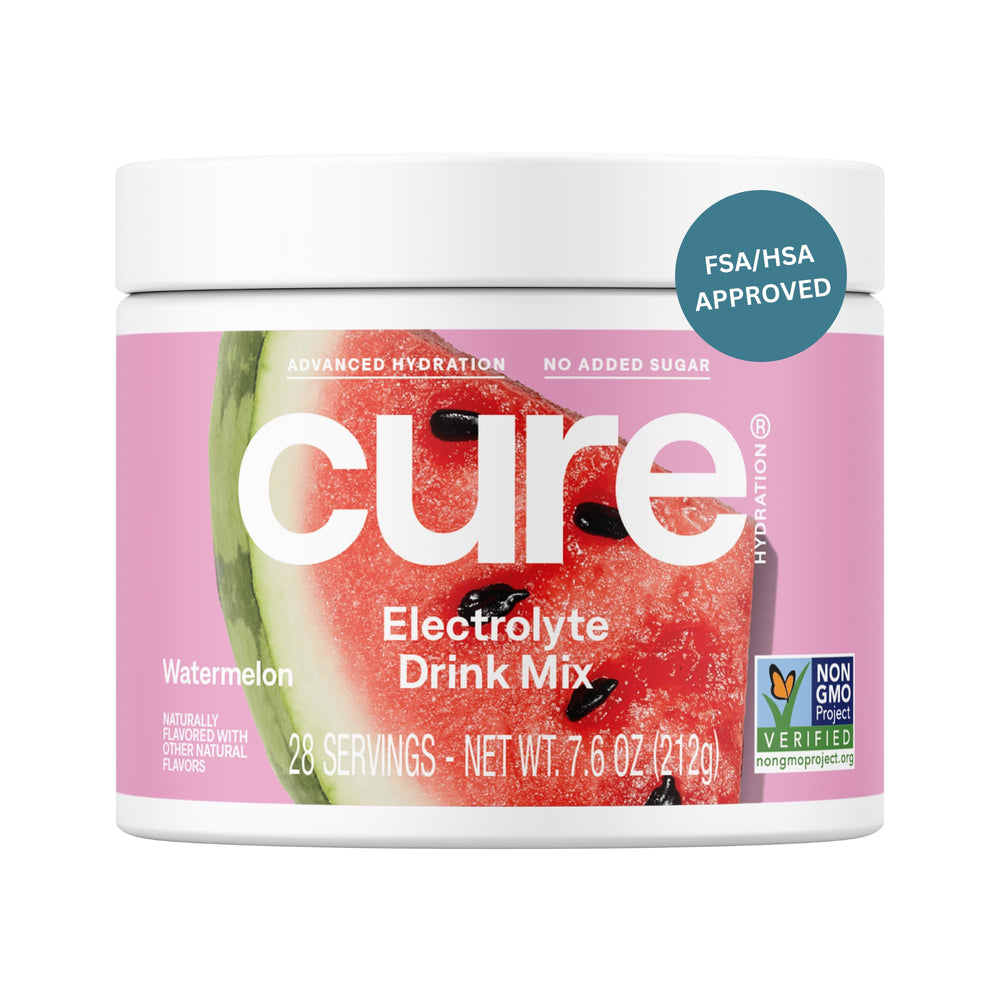 Cure Hydration presentación frontal con paquete y sabor sandía, claridad de marca y beneficios