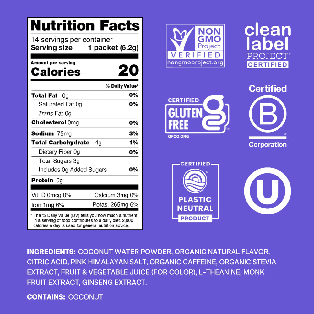 Cure Hydration sobre abierto con polvo morado, textura natural y sin azúcares
