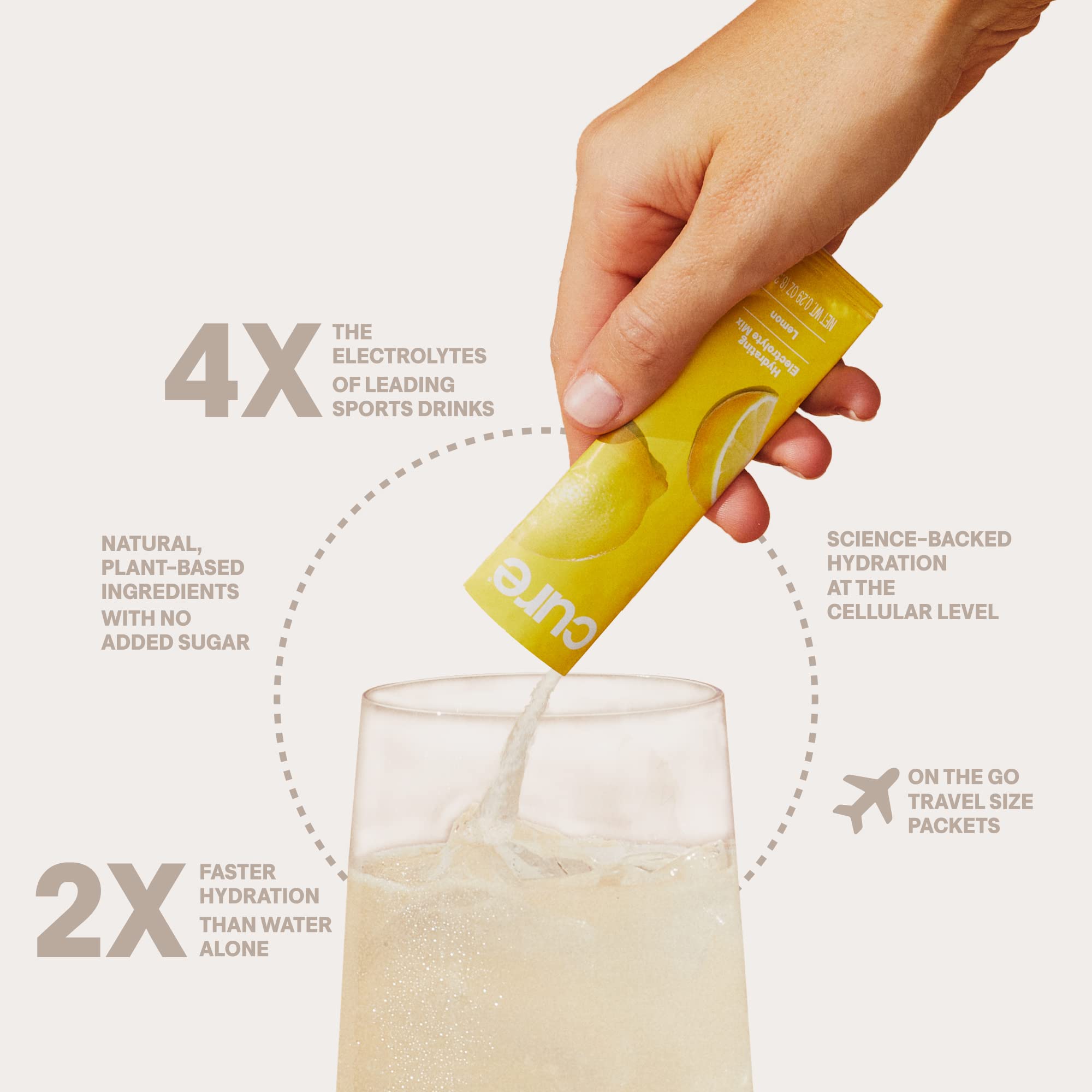 Cure Hydration vaso mezclado con líquido colorido y rápida rehidratación