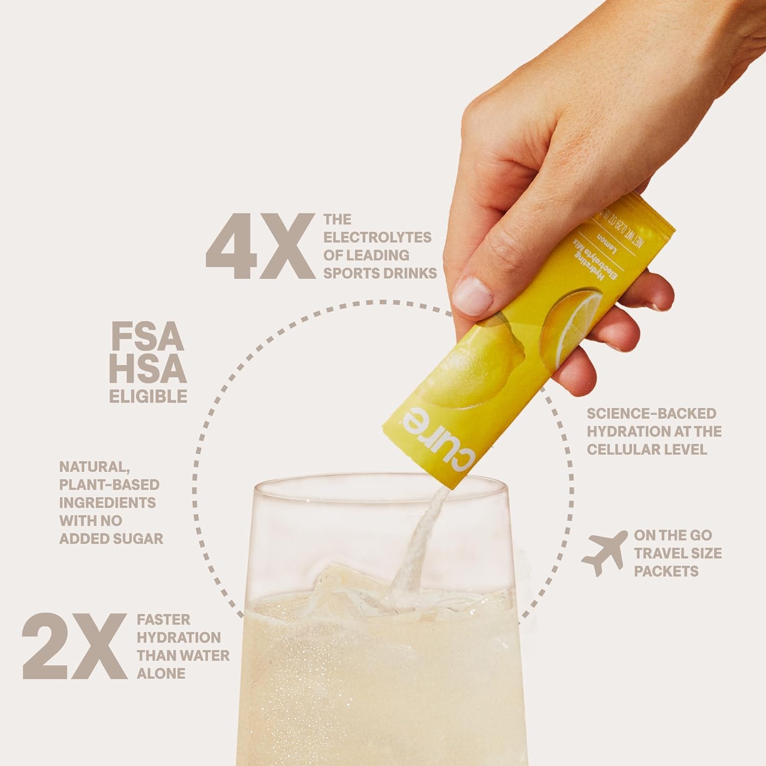 Cure Hydration vaso preparado con hielo listo para beber y refrescar