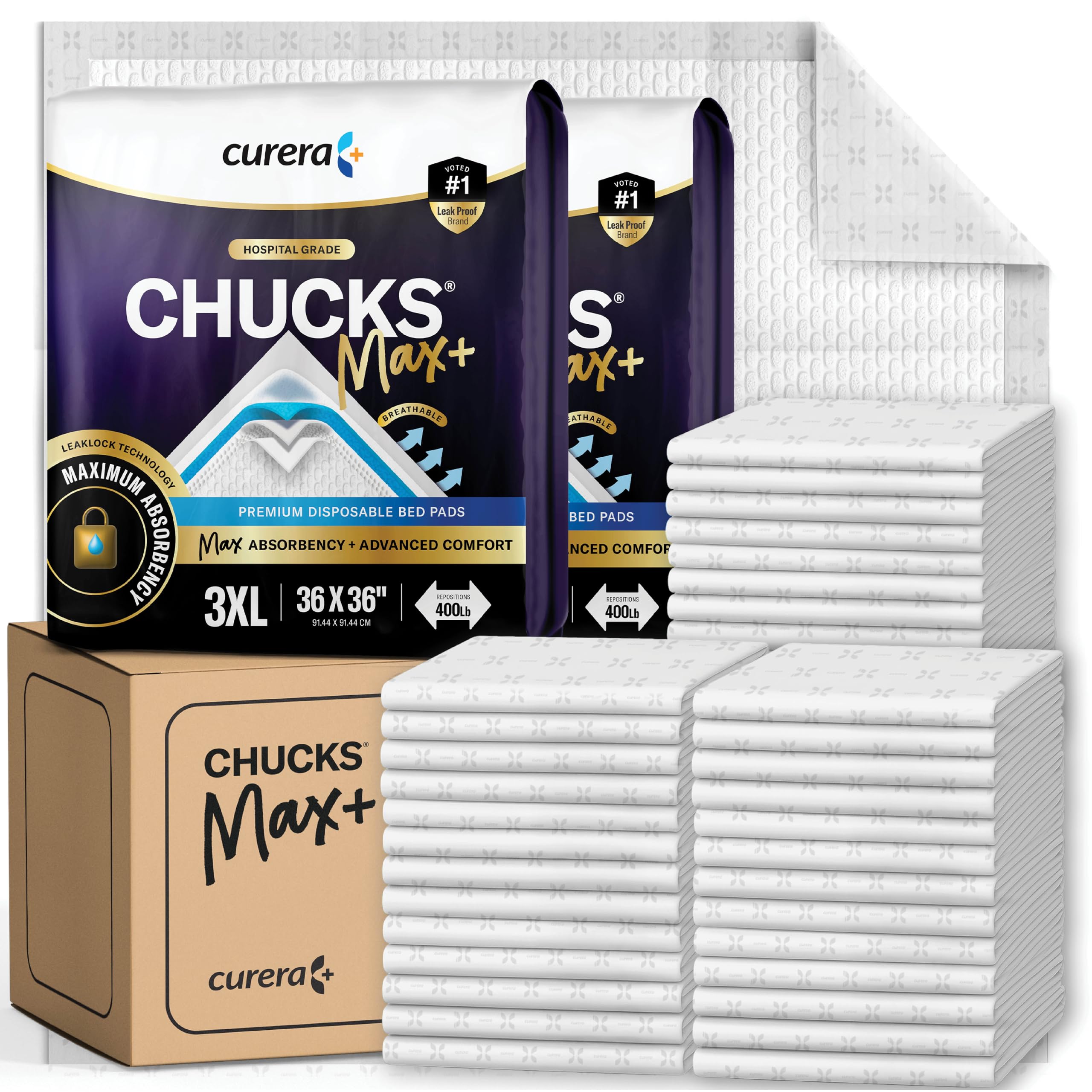 Curera Chucks MAX+ vista frontal mostrando tamaño y empaque; protección confiable