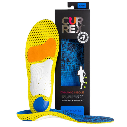currex RunPro empaque frontal mostrando plantillas y beneficio ajuste profesional