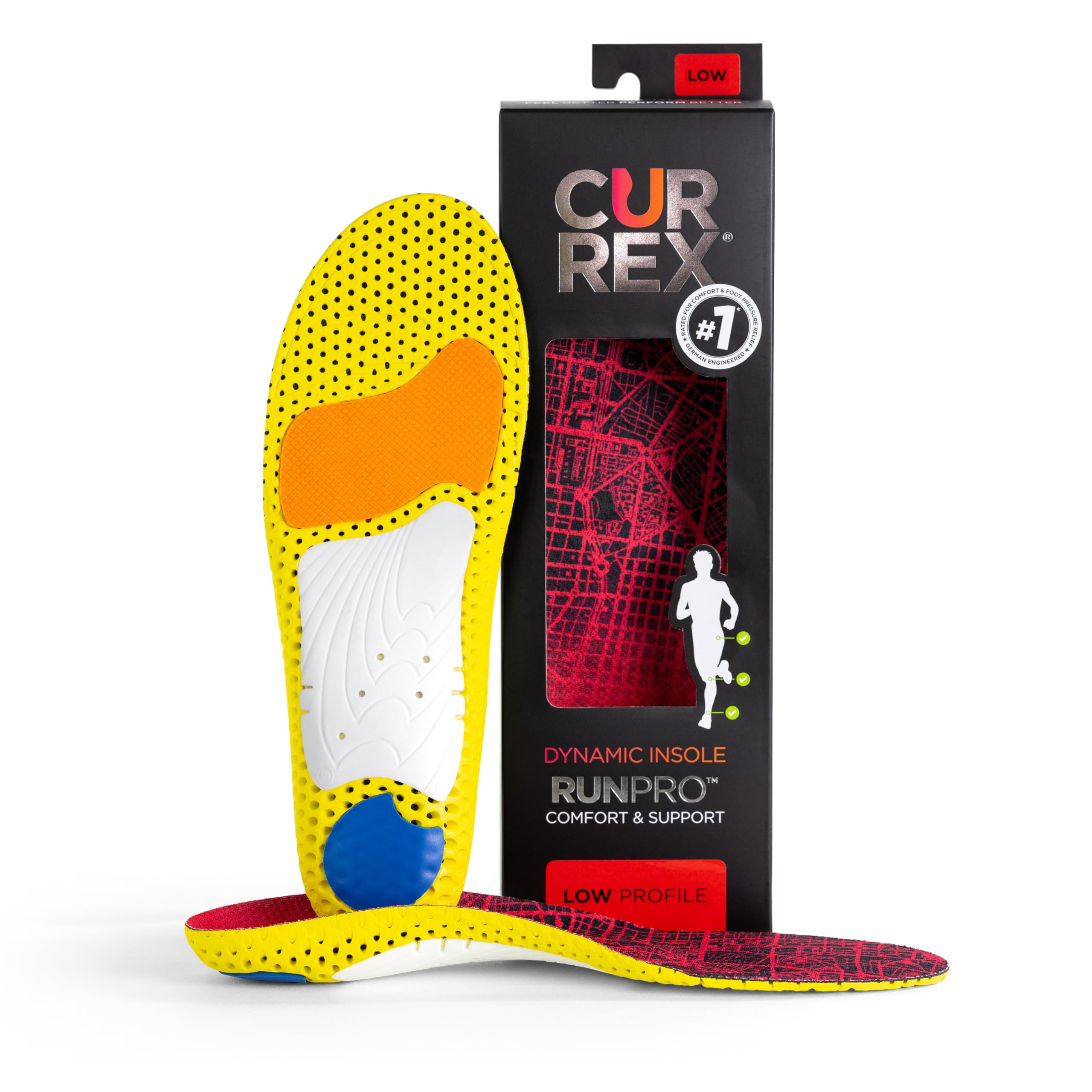 currex RunPro vista frontal de las plantillas mostrando ajuste y perfil, mejora comodidad