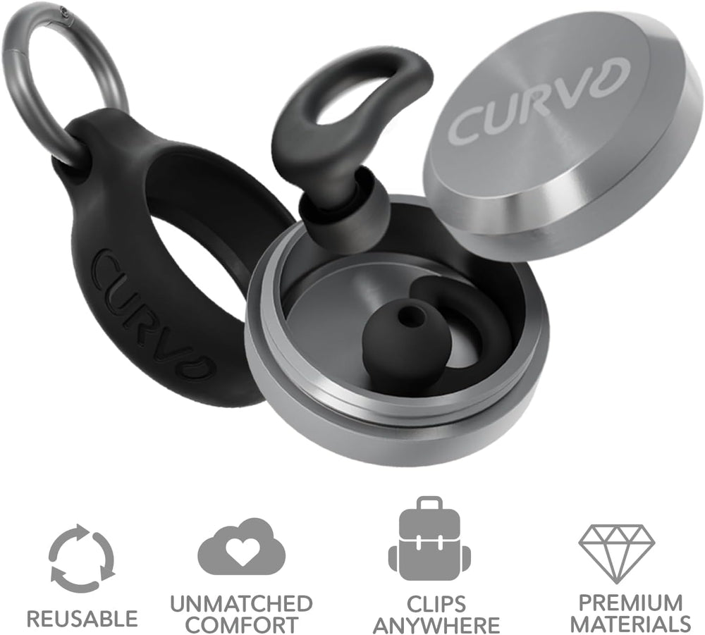 clip CURVD sujetado a una mochila que mantiene los tapones accesibles en viajes