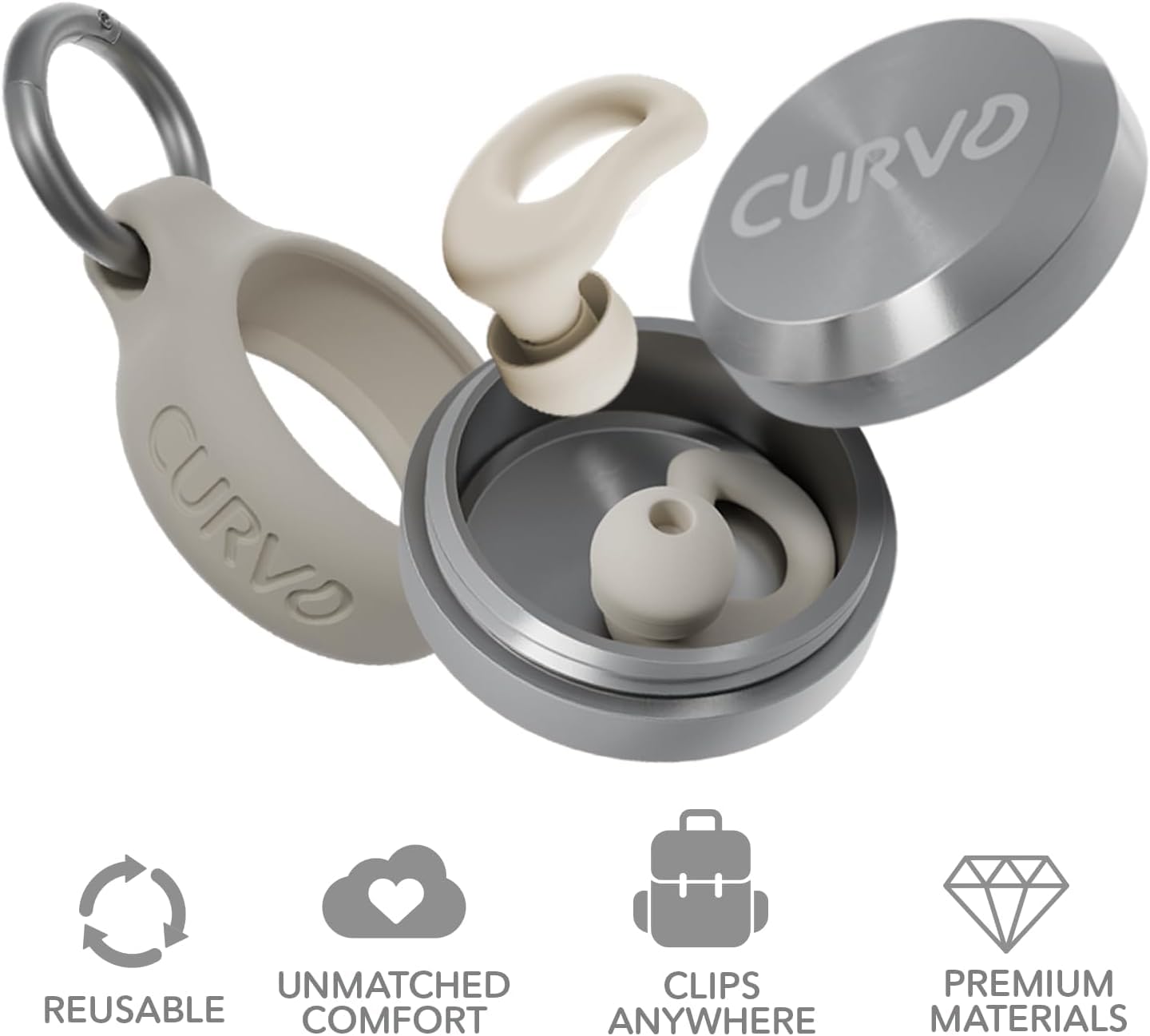 CURVD clip sujeto a mochila manteniendo los tapones limpios y accesibles