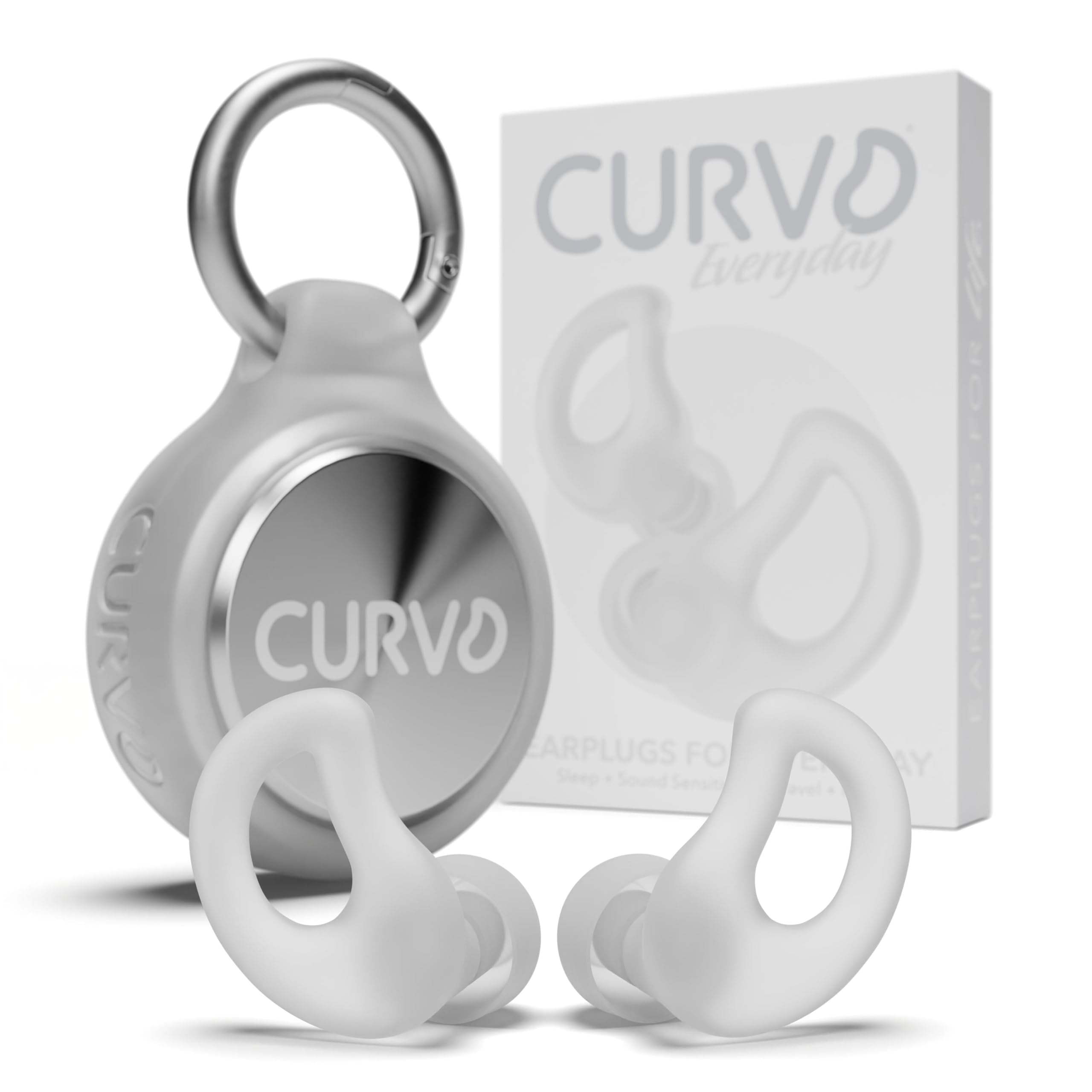 CURVD frente del empaque mostrando tapones y estuche, protección cómoda