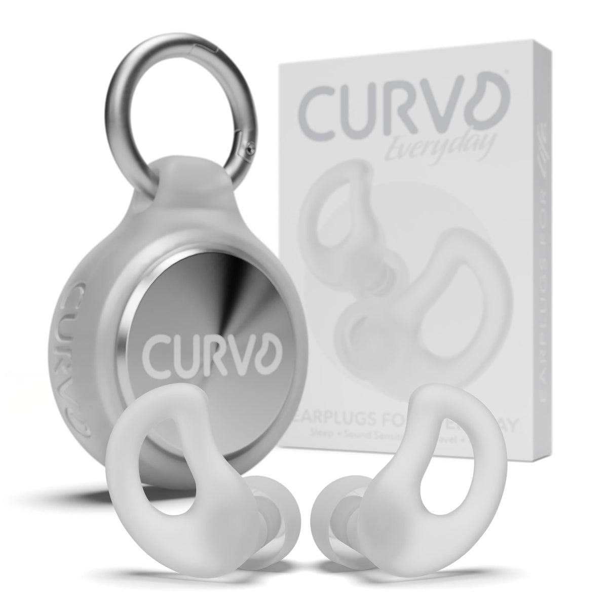 CURVD frente del empaque mostrando tapones y estuche, protección cómoda