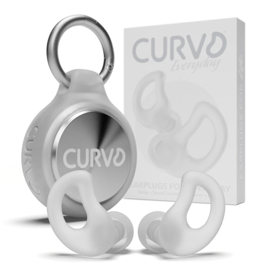 CURVD frente del empaque mostrando tapones y estuche, protección cómoda