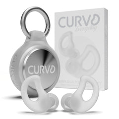 CURVD frente del empaque mostrando tapones y estuche, protección cómoda
