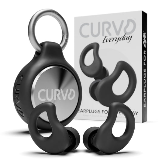 CURVD tapones en su empaquetado frontal mostrando diseño y color negro para protección cómoda