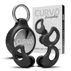 CURVD tapones en su empaquetado frontal mostrando diseño y color negro para protección cómoda