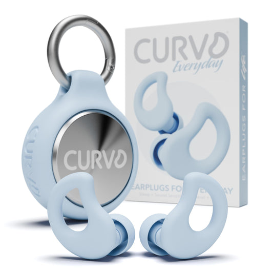 CURVD empaque frontal mostrando tapones y accesorios, protección portátil