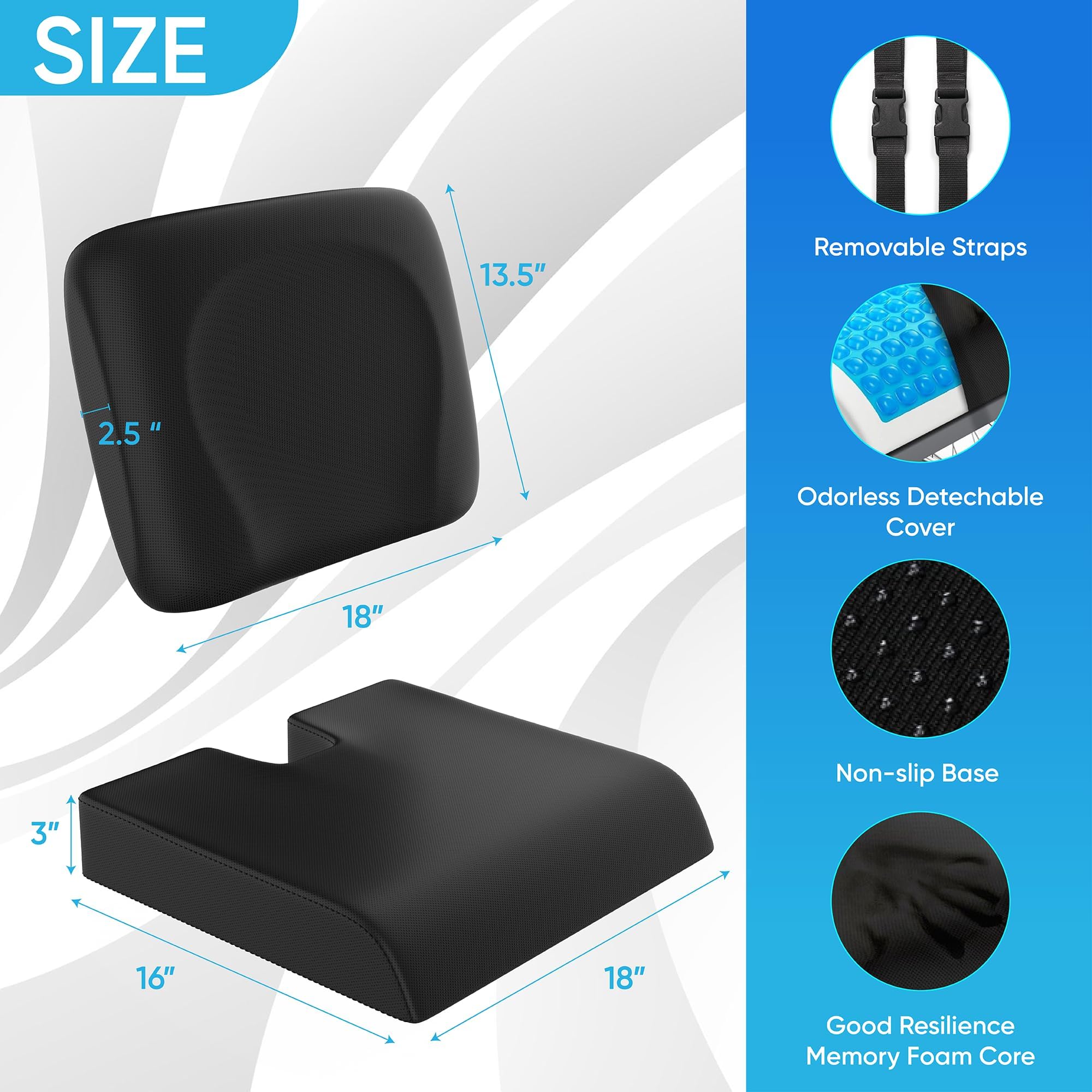 CUSHIO comparación de tamaño 18x16 mostrando ajuste en diferentes asientos