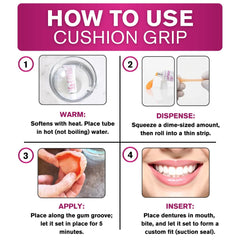 Cushion Grip junto a mano que ilustra tamaño práctico y porción