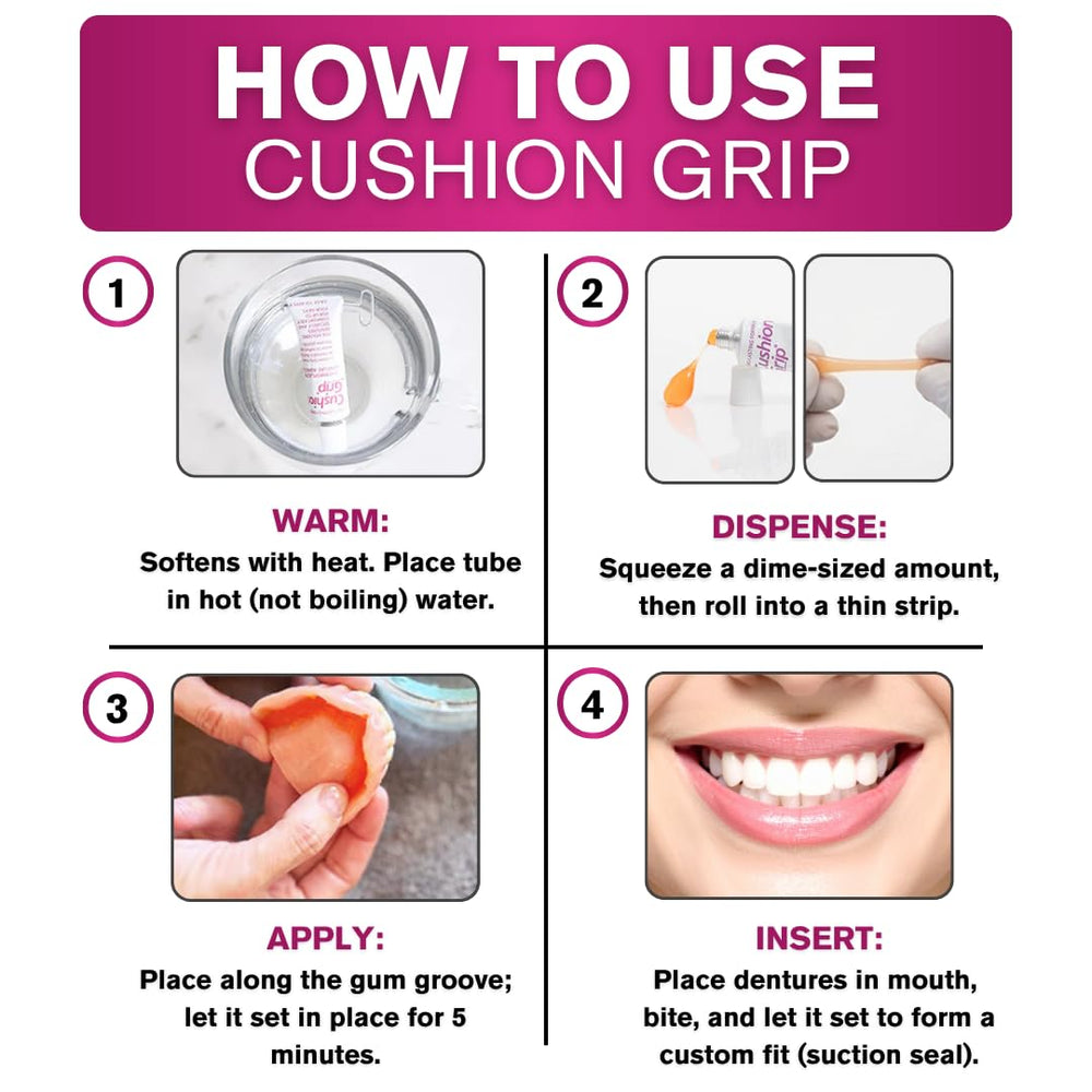 Cushion Grip dentadura en boca durante comida mostrando estabilidad al masticar