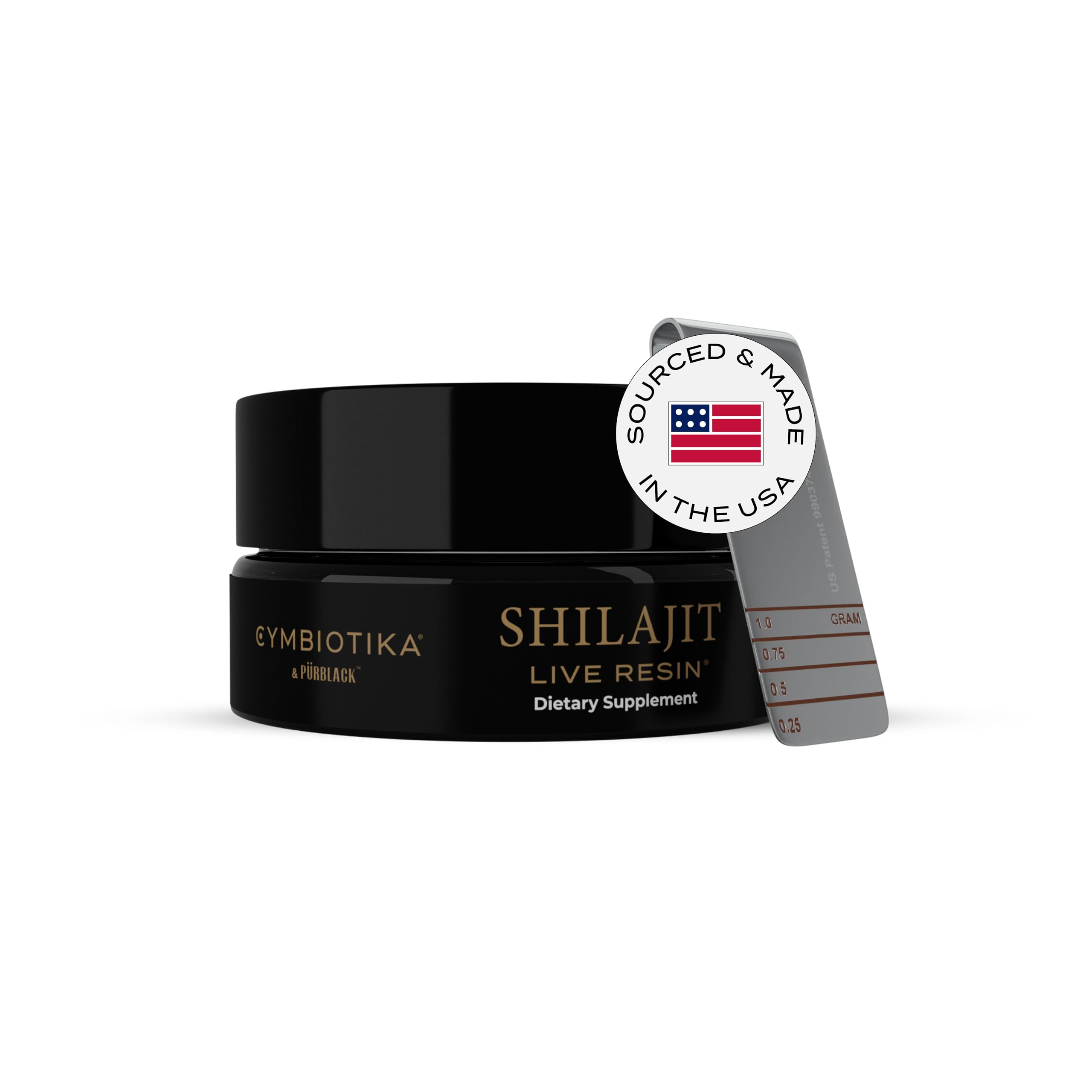 CYMBIOTIKA frasco frontal de resina Shilajit mostrando etiqueta y tamaño