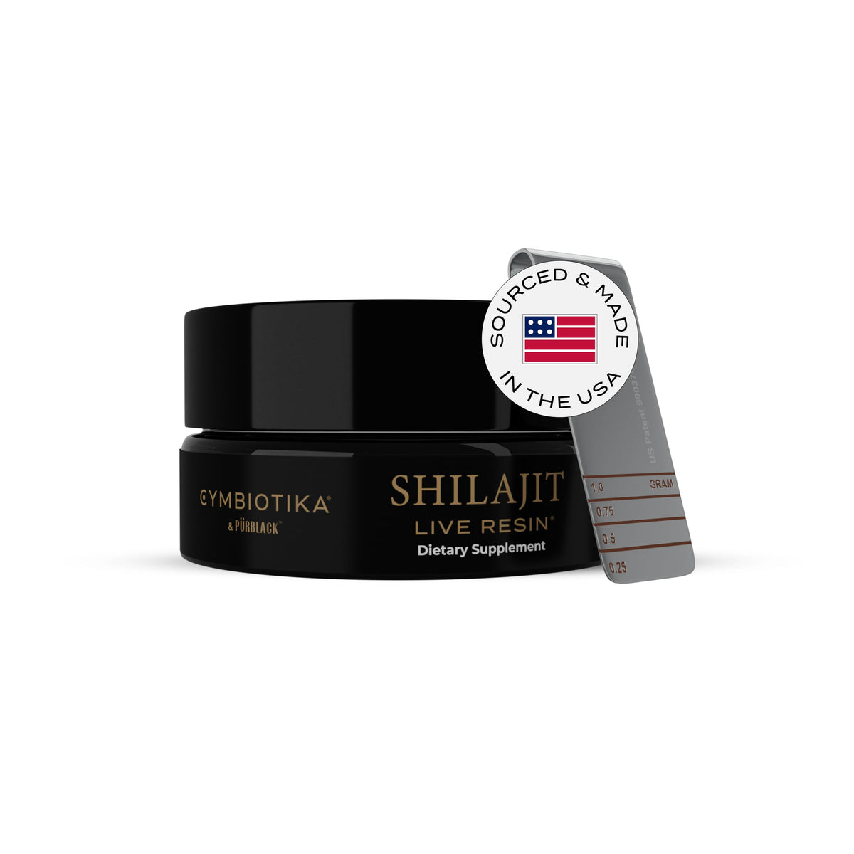 CYMBIOTIKA frasco frontal de resina Shilajit mostrando etiqueta y tamaño
