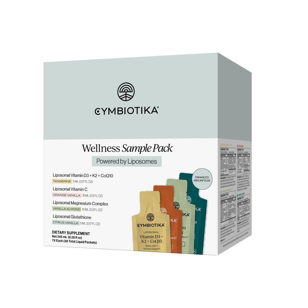 CYMBIOTIKA pack frontal mostrando los 28 sobres y variedad de fórmulas para prueba