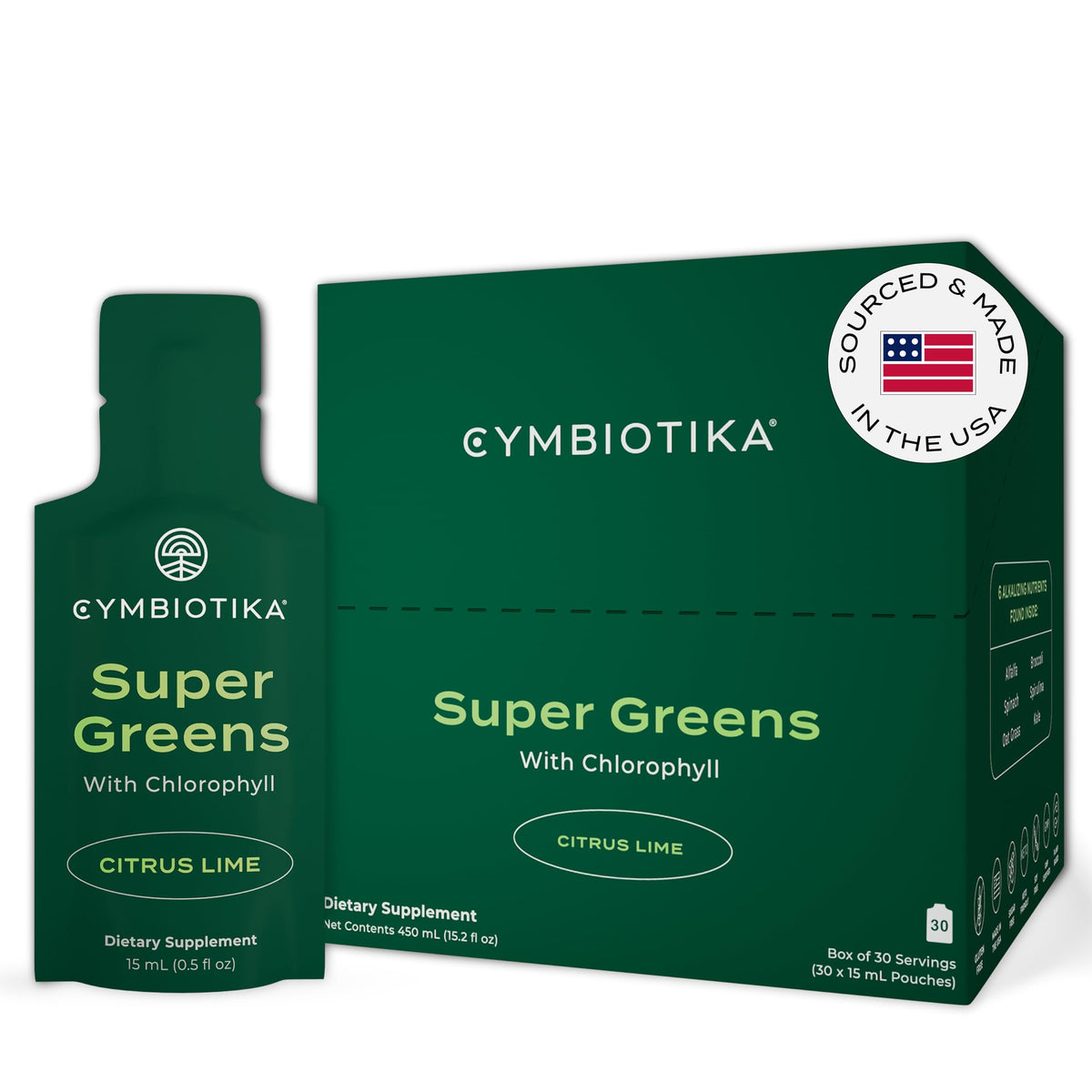 CYMBIOTIKA paquete frontal Super Greens mostrando conveniencia y presentación