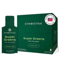 CYMBIOTIKA paquete frontal Super Greens mostrando conveniencia y presentación