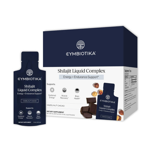 CYMBIOTIKA paquete frontal mostrando 26 sobres y diseño, beneficio de conveniencia