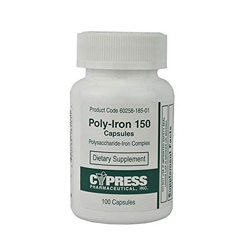 Cypress Pharmaceutical frasco frontal de Poly-Iron 150 con etiqueta visible y beneficio de dosificación clara