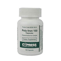 Cypress Pharmaceutical frasco frontal de Poly-Iron 150 con etiqueta visible y beneficio de dosificación clara