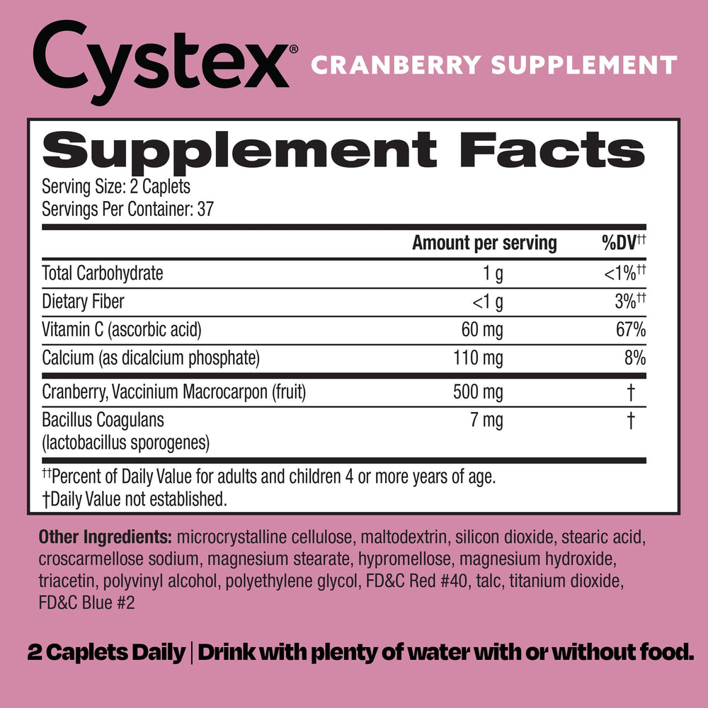 Cystex etiqueta con ingredientes visibles y beneficios resumidos