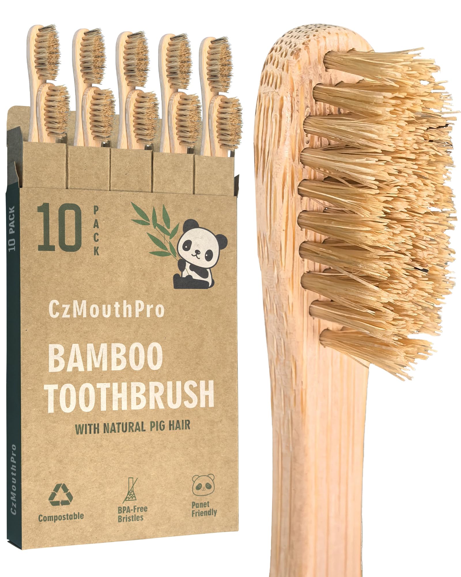 CzMouthPro packaging frontal de bambú mostrando pack y ventaja compostable