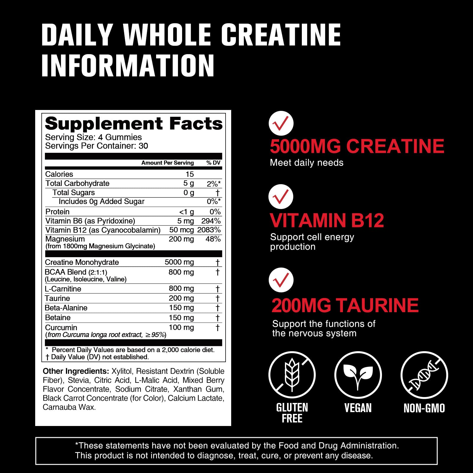 Porción diaria de 4 gomitas DailyWhole Organics en la mano, dosificación conveniente