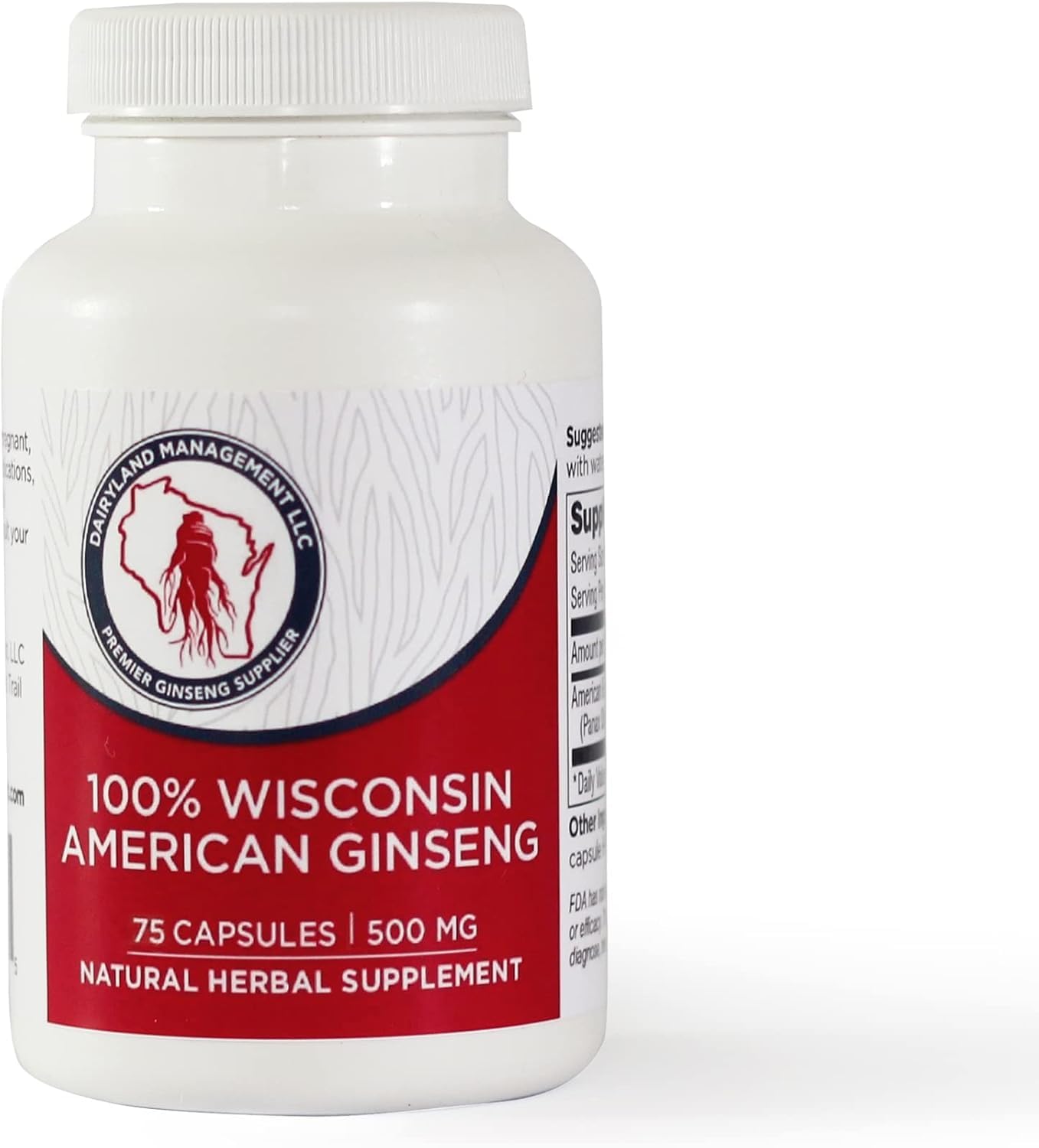 Dairyland envase frontal mostrando ginseng de Wisconsin y pureza