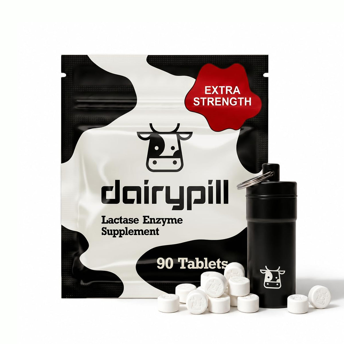 DairyPill frente del envase mostrando 90 comprimidos y diseño compacto