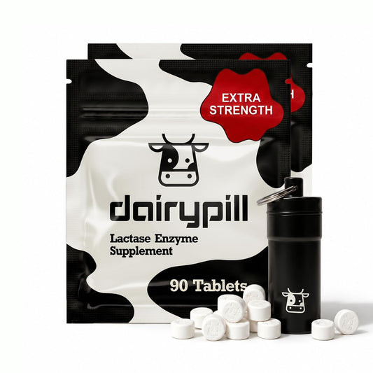 DairyPill frasco frontal mostrando cantidad y marca, práctica para viajar