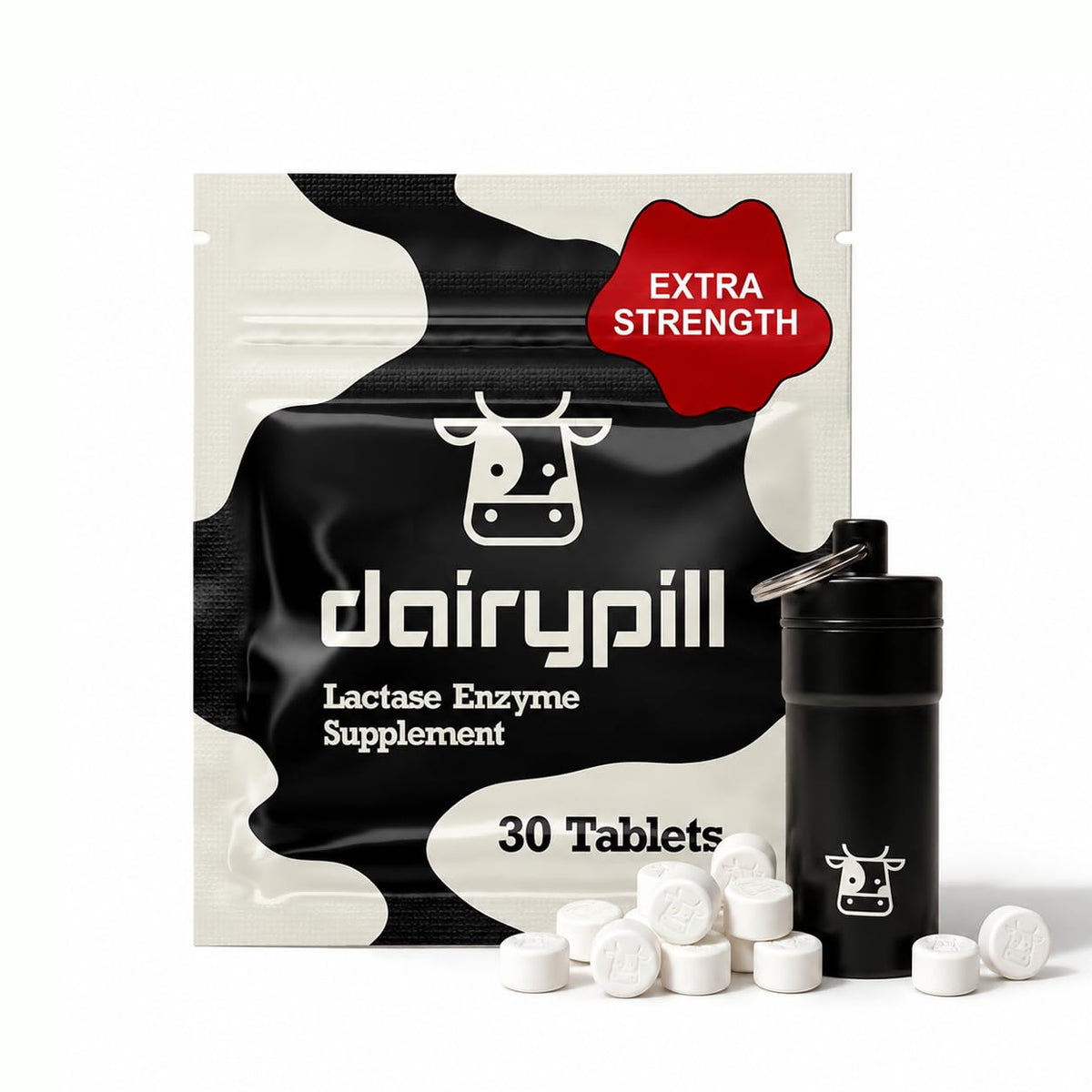 DairyPill envase frontal mostrando 30 comprimidos y diseño limpio