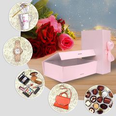 DaiUni caja rosa entre decoraciones de fiesta para entrega lista