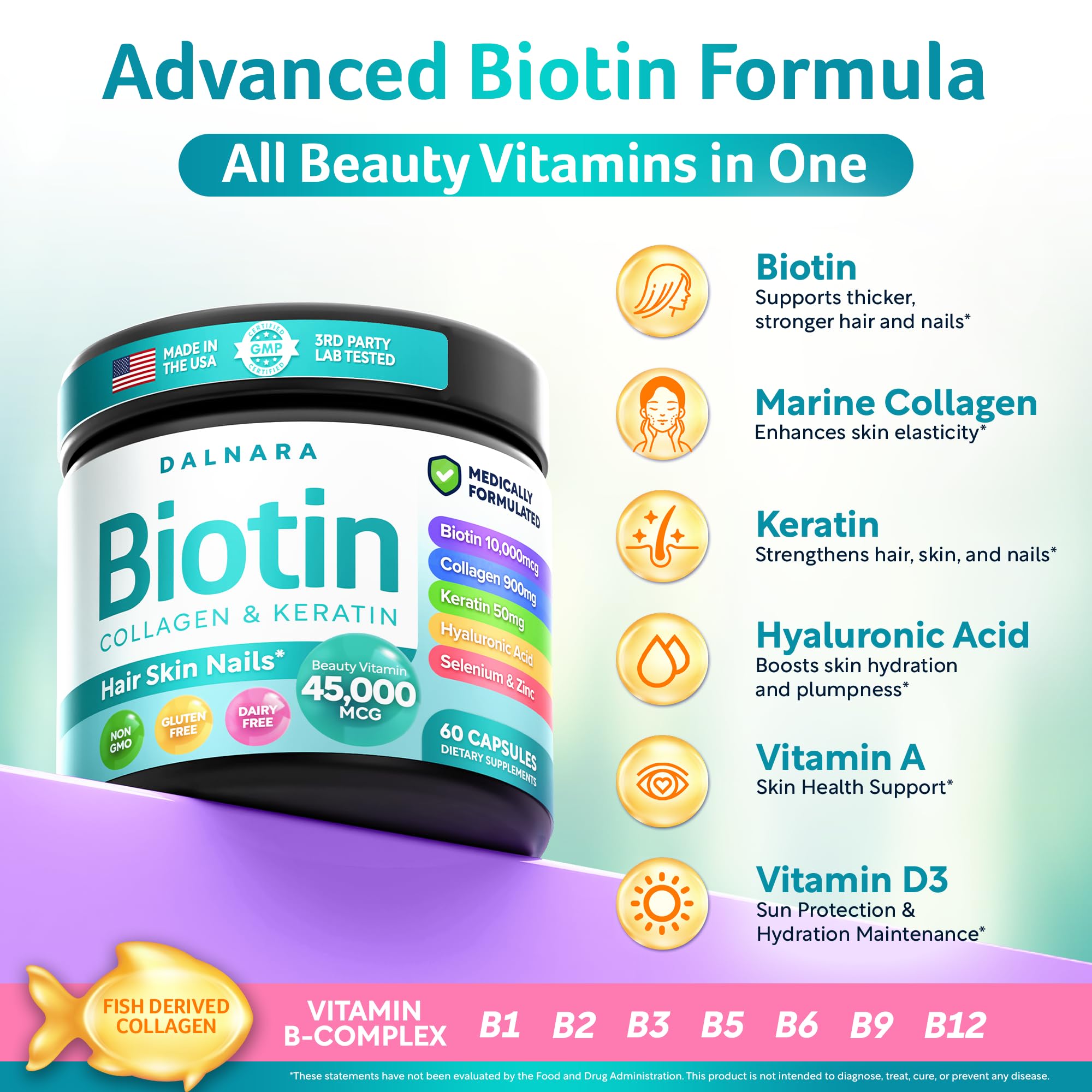 Dalnara etiqueta de ingredientes con enfoque en colágeno y biotina