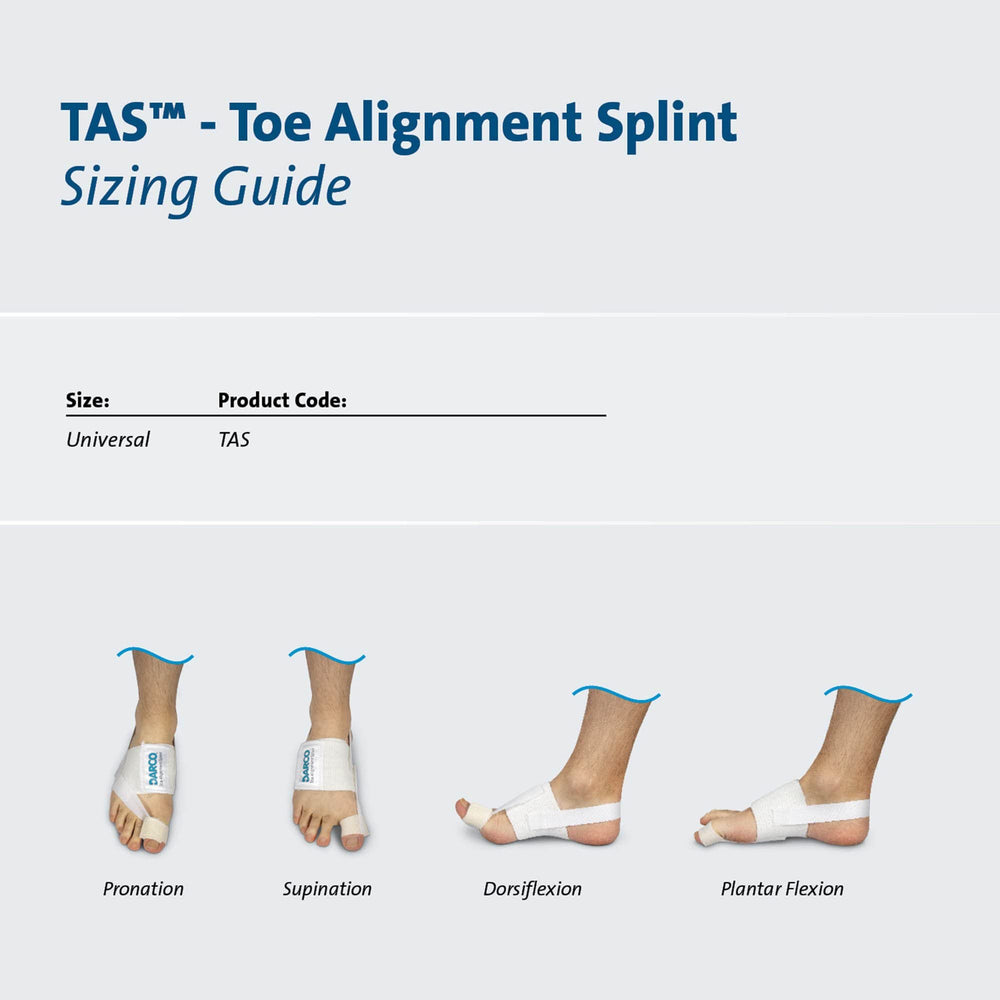 Darco Toe Alignment Splint sostenida en mano para mostrar tamaño y facilidad de colocación