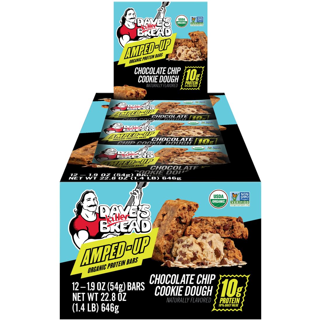 Dave's Killer Bread caja frontal mostrando 12 barras y beneficios orgánicos