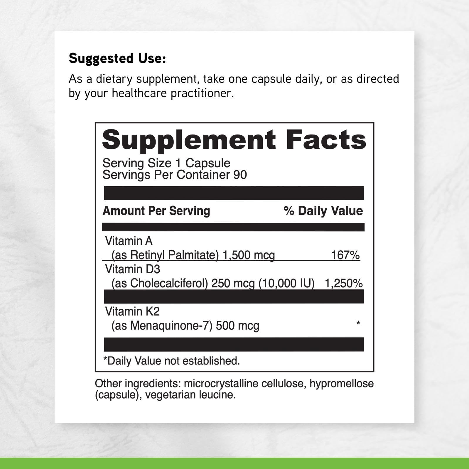 DAVINCI ADK 10 etiqueta nutricional mostrando vitaminas A, D3 y K2