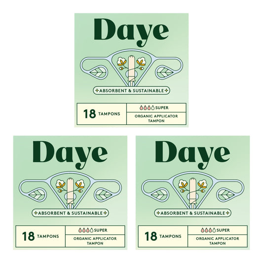 Daye empaque frontal mostrando 54 tampones y beneficios ecológicos